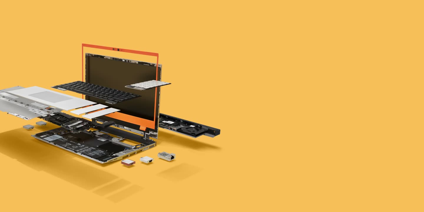 Exploded render of a Framework Laptop 13 Pro: display, keyboard, input cover, mainboard, battery, cooling and expansion cards separated in mid-air